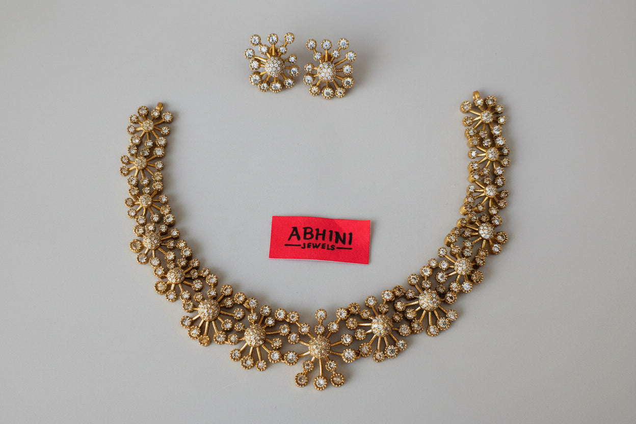 Gold necklace and earrings with 'ABHINI JEWELS' label on a white background